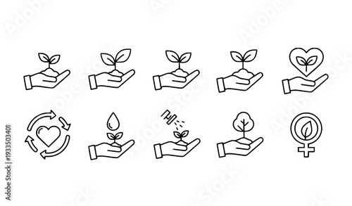 A set of minimalist line art icons depicting hands nurturing plants and symbols of love and sustainability