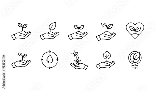 A set of minimalist icons representing eco-friendly and sustainable practices with hands and plants