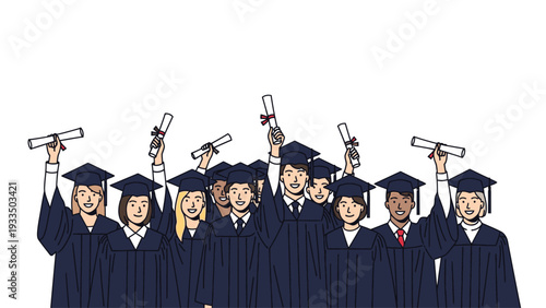 Illustration of a diverse group of graduates wearing gowns and caps, holding diplomas up in the air with joyful expressions on a plain white background.