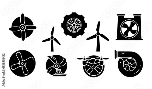 A set of black and white vector icons depicting various fan designs