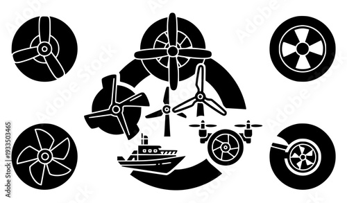 A set of black and white vector graphics depicting various types of propellers and turbines for renewable energy
