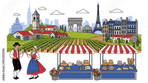 Illustration of a traditional French couple standing beside a market stall with bread and pastries in a countryside setting with vineyards and Parisian landmarks in the background.