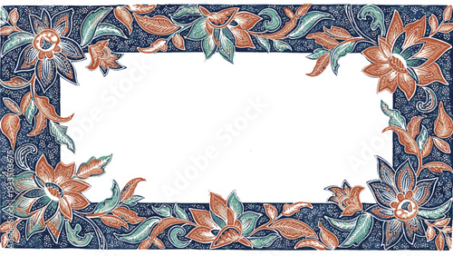 A floral border frame with orange, blue and green flowers on a white background with a decorative pattern.