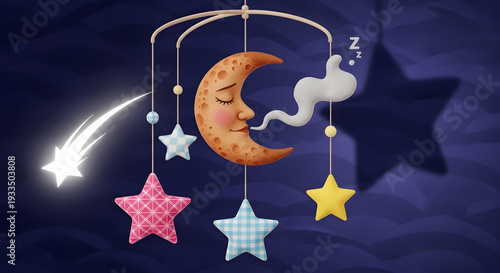 Whimsical Celestial Baby Mobile with Sleeping Moon and Stars.