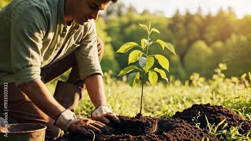 Man Planting a Tree in the Garden for Environmental Conservation.