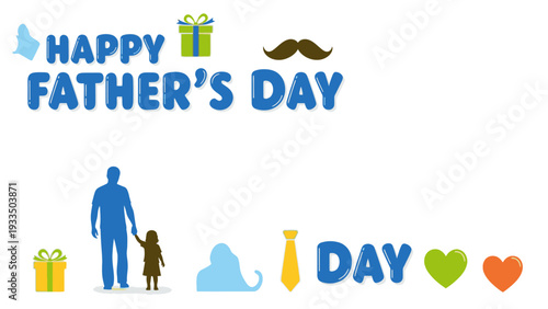 Graphic design featuring a blue silhouette of a man with a dog and various Father's Day icons on a white background with a colorful and festive mood.