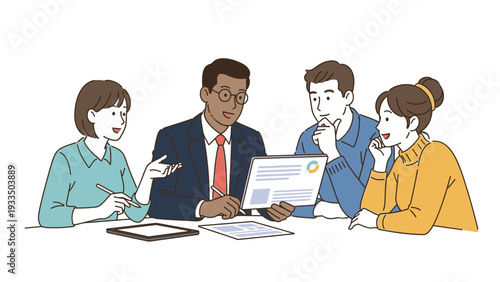 Diverse group of four colleagues discussing documents in a meeting with a professional and focused mood.