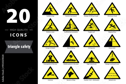 A comprehensive collection of 20 high-quality yellow triangular safety warning icons, featuring hazard symbols for construction, industrial, and public safety information.