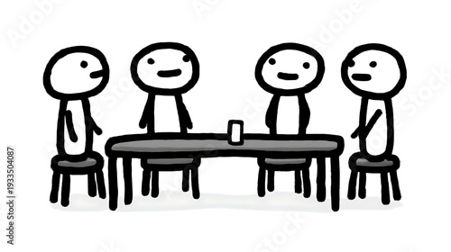 Four cartoon people sitting at a table with a cup in front of them
