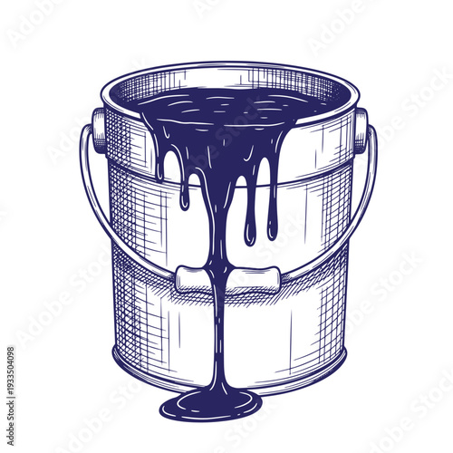 Dark blue paint dripping from a metal bucket  illustration of a paint can with liquid paint flowing out