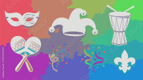 Colorful flat lay of Mardi Gras themed icons including masks, musical instruments, and confetti on a vibrant multicolored background.