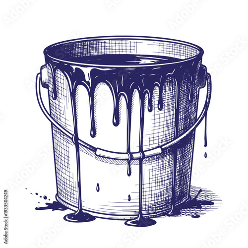 Dripping paint bucket with liquid splashes isolated on white background  industrial painting tool