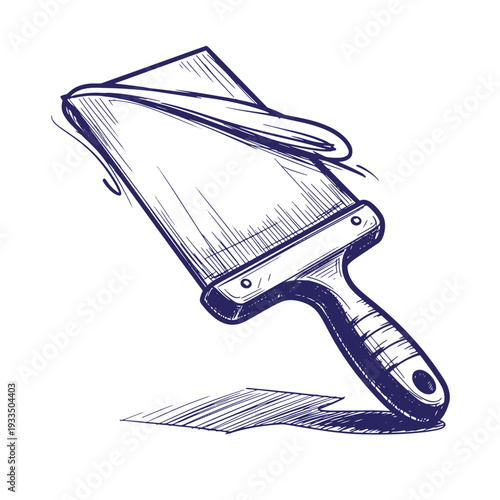 Hand drawn illustration of a putty knife with a curled tape measure on a white background