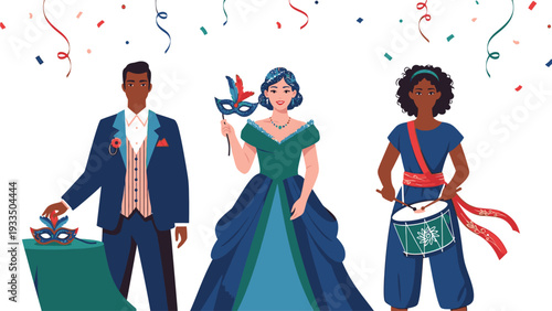 Illustration of a man in a suit, a woman in a gown, and a woman with a drum, celebrating with confetti and ribbons in a colorful scene.
