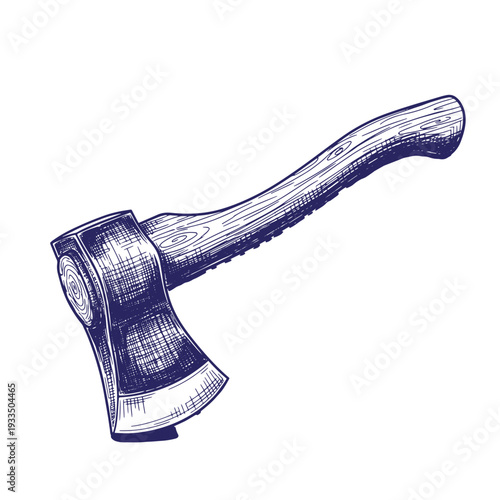 hand drawn illustration of a vintage axe with wooden handle on white background