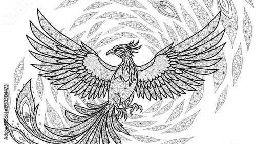 A detailed black and white illustration of a phoenix bird with spread wings, surrounded by ornate feather-like patterns on a white background.