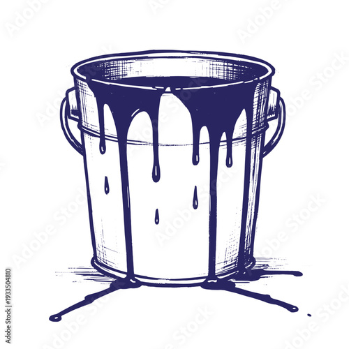 Illustration of a metal bucket with dark blue paint dripping from it on white background