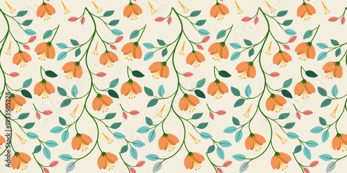Seamless floral vector pattern with pink flowers and green leaves for a vintage nature wallpaper illustration