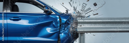 Blue car crashing into metal guardrail with flying debris concept for auto insurance safety crash test and road accident risk