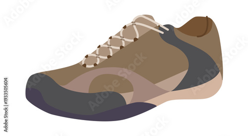 Hiking sneaker shoe flat. Earthy trekking footwear for travel, city to nature look, active wardrobe man woman unisex. Technical fashion illustration, CAD mockup, smooth vector isolated outdoor style.
