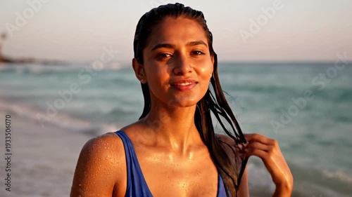 Beautiful woman in blue swimsuit smiling at the beach during sunset.