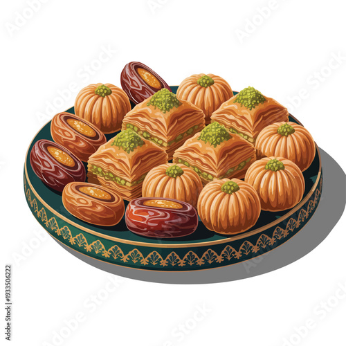 Assortment of Middle Eastern Sweets Baklava and Date Maamoul on ornate platter, festive and delicious dessert.
