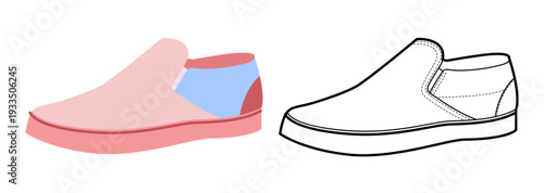 Skate slip on sneaker shoe flat plus line set. Minimal slip design for lifestyle icons, apparel, man woman unisex. Technical fashion illustration, CAD mockup, mixed vector isolated stylish style.