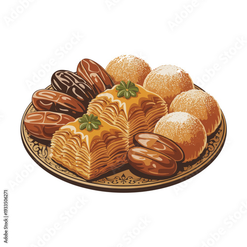 Assortment of Traditional Middle Eastern Sweets and Dates on a Decorative Plate, Perfect for Eid Al-Fitr Celebrations