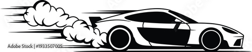 Black and white sports car with smoke from tires on transparent background