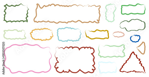 Set of wavy organic frame outlines. Hand drawn rectangle borders and curly contours for highlight boxes, quote labels and decorative notes. Irregular line silhouettes vector illustration.