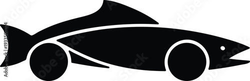 Fish shaped car with wheels and fin on back side view  funny vehicle design