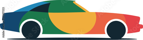 Multicolored abstract car illustration with geometric shapes and vibrant colors on white background for design concepts