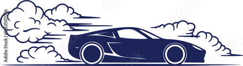 Navy blue sports car speeding with smoke clouds behind wheels on white background