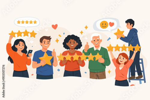 Diverse group of happy people giving five star ratings and positive feedback for customer satisfaction, user experience, and brand loyalty concept illustration with gold stars and thumbs up.