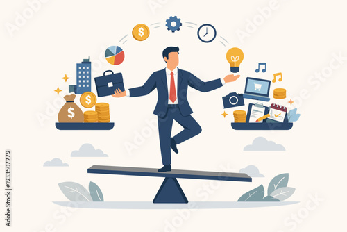 Businessman Balancing and Juggling Professional Work and Side Hustle Responsibilities on a Seesaw. Concept of Work-Life Balance, Financial Management, Multitasking, and Career Growth Vector.