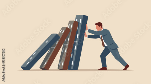 Business Concept of a Professional Man in a Suit Pushing Against Falling Dominoes to Stop a Chain Reaction, Representing Crisis Management, Risk Mitigation, and Resilience, Flat Vector Style.