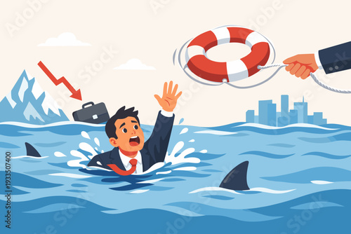Businessman Drowning in Shark Infested Water with Financial Crisis Arrow and Iceberg Receiving Lifebuoy Rescue Support from Hand, Concept of Business Survival, Economic Failure and Corporate Rescue