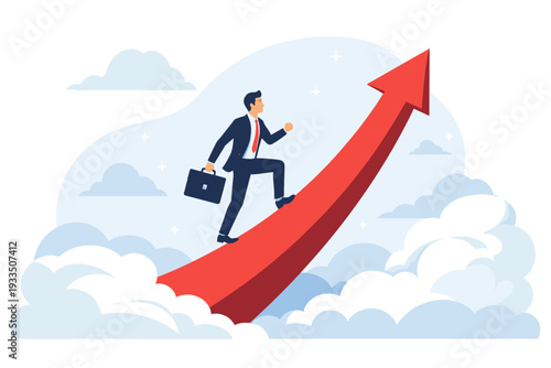 Businessman in a suit climbing a large red upward arrow in the clouds, representing career growth, business success, ambition, achievement, and reaching goals in a flat vector illustration style.