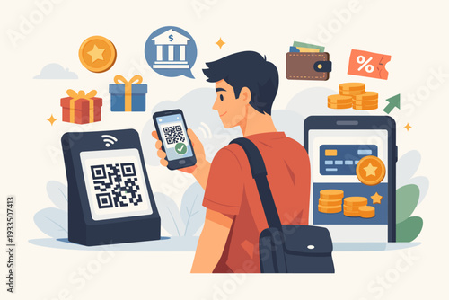 Young man using smartphone for cashless payment by scanning QR code at terminal. Concept of digital banking service, fintech technology, mobile wallet, online money transfer and e-commerce.