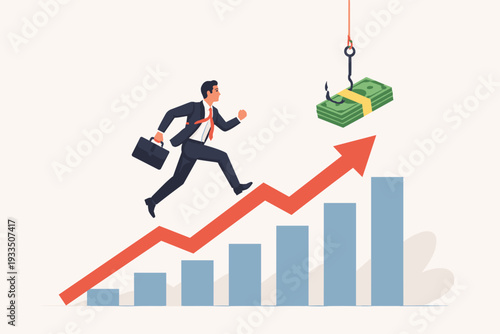 Businessman running up a rising bar graph arrow towards a stack of cash on a fishing hook bait. Concept of financial trap, greed, ambition, and chasing wealth in business and career growth.