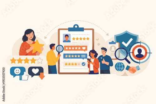 Customer Feedback and Online Review Concept with People Giving Five Star Rating. Know Your Client KYC, Business Reputation Management, User Experience, and Service Evaluation Flat Vector.
