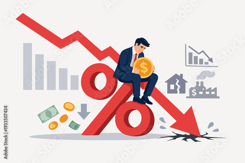 Sad businessman sitting on a downward red arrow and percentage symbol during economic recession, financial crisis, market crash, and interest rate drop, with falling money and house icons.