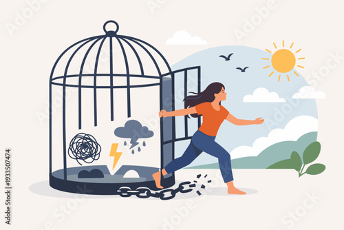 Woman Escaping a Birdcage Symbolizing Mental Health Struggles, Breaking Chains of Depression and Anxiety to Find Freedom and Liberation in a Sunny Landscape, Vector Illustration of Self Recovery