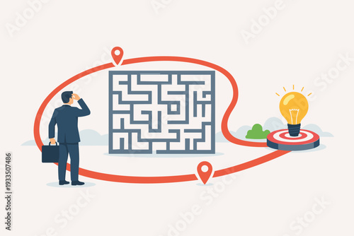 Businessman Finding a Creative Solution by Going Around a Complex Maze to Reach a Goal with a Lightbulb on a Target, Concept of Problem Solving, Innovation, Strategy, and Thinking Outside the Box.