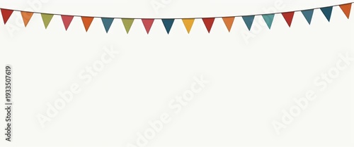 Colorful bunting flags sway gently in the breeze against a soft bokeh background, with a slow panning camera capturing the festive scene in a dreamy, cinematic style.