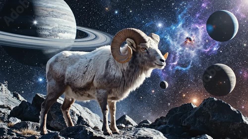 Aries Zodiac Sign in the Cosmos - Celestial Ram in Space.