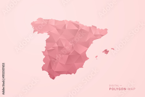Spain Map - Polygon Style Vector Illustration in Soft Pink Valentine Theme, Low Poly Geometric Design, Isolated on Pastel Background.