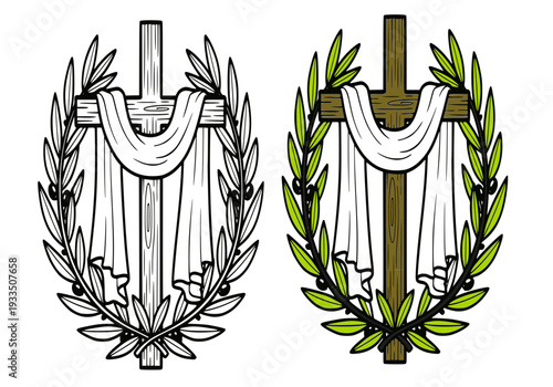 Christian Cross with White Shroud and Laurel Wreath Illustration
