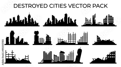 Silhouette of destroyed cityscape in black and white, depicting post-apocalyptic scenes 