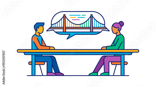 Two individuals sitting opposite each other at a table, with a bridge illustration above them